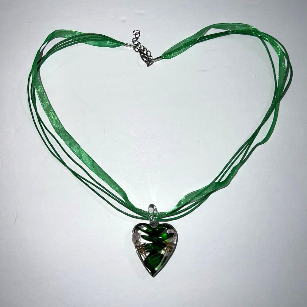 Murano Glass Heart Pendant Necklace Clear Green Pink Gold Hand Painted Flower